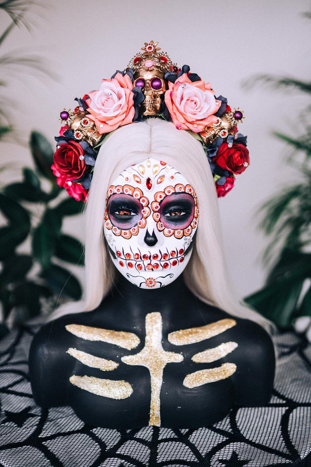 Mexikanische Rosen-Blumenkrone Als Stirnband – Violett, Für Halloween, Tag Der Toten & Partys