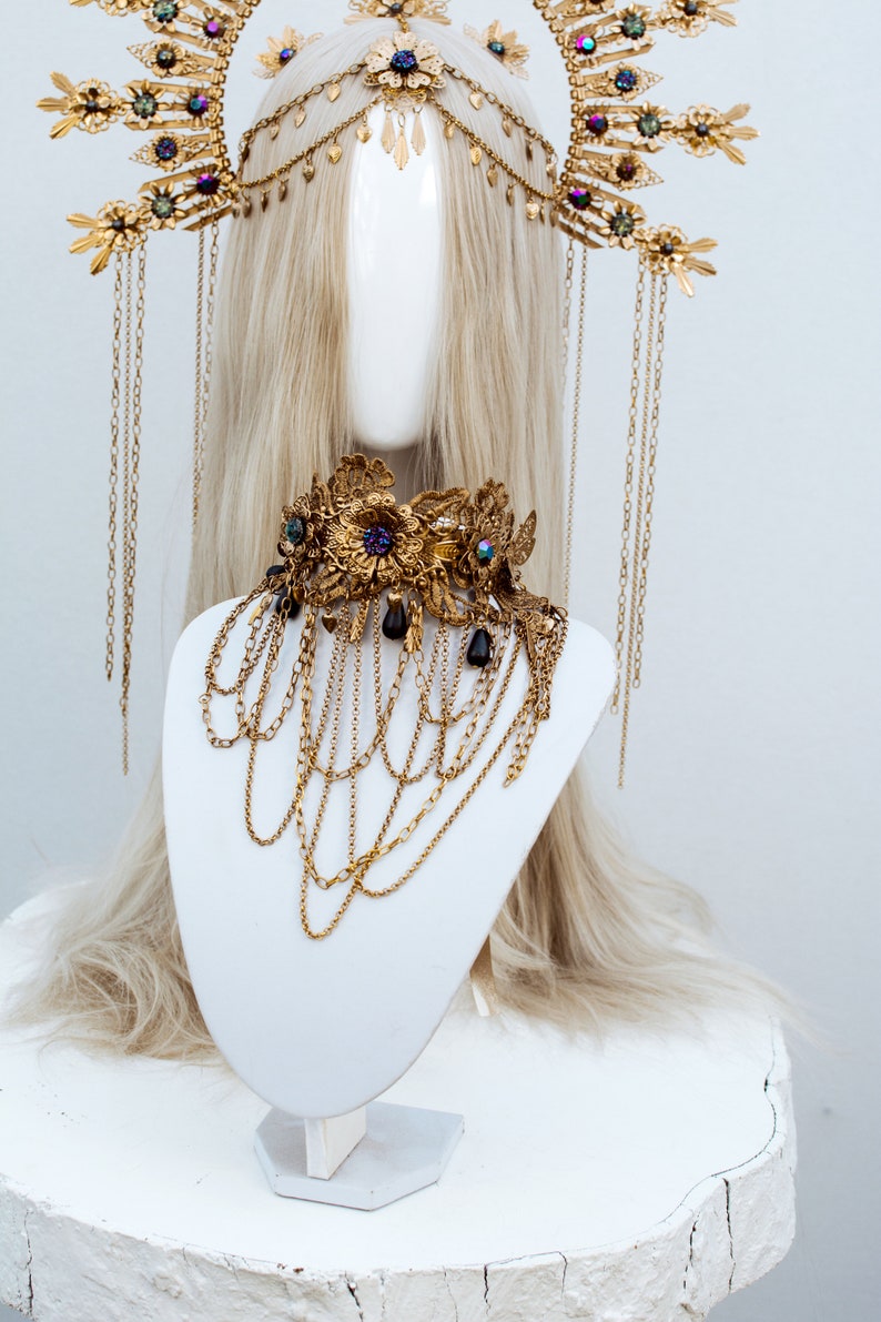 READY TO SHIP Choker necklace, Gold Choker necklace, Flower Choker, Glamour Choker, Handmade necklace, Festival, Halloween, Sugar Skull image 8