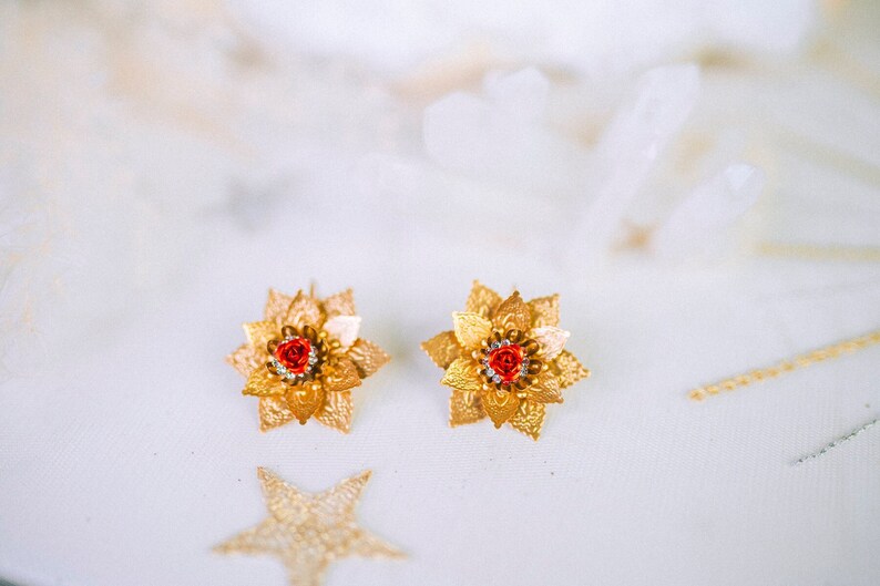 Flower earrings Festival earrings Gold earrings Summer earrings Flower jewellery Wedding accessories Red earrings Bridal earrings Boho zdjęcie 4