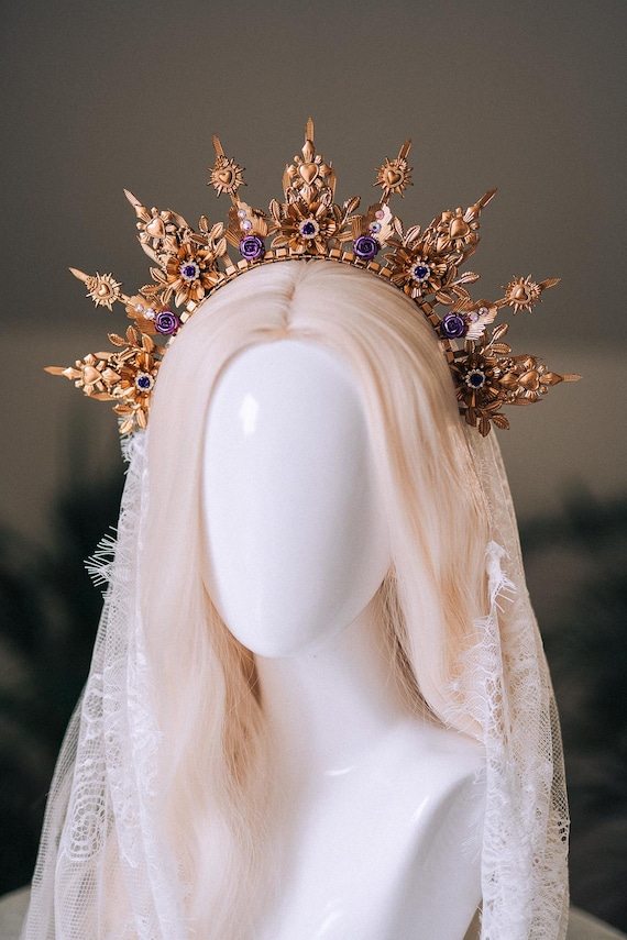 La Catrina Halo Crown, Gold Sacred Heart, Purple Crystal  display picture 1