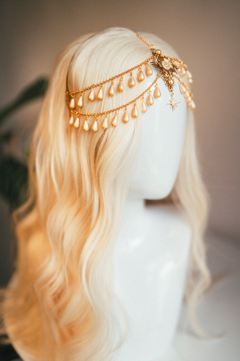 Bijoux célestes, bandeau de chaîne, casque de festival, couronne de perles, couronne de mariage, casque de mariée, couronne de mariée, accessoires pour cheveux, Boho image 4