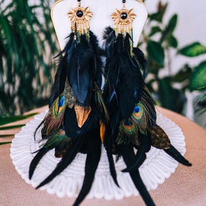 Peacock Feather Crown Gold Filigree Black Headdress Statement Headpiece image 13