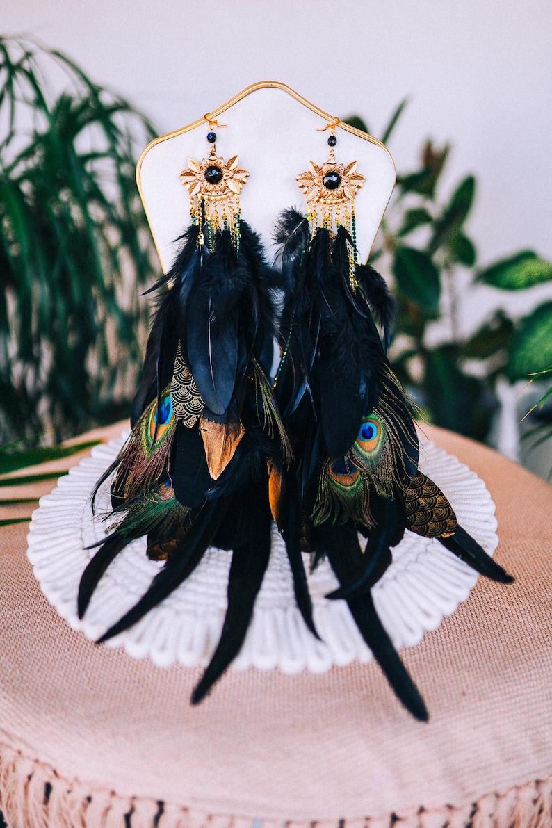 Peacock Feather Crown Gold Filigree Black Headdress Statement Headpiece image 13