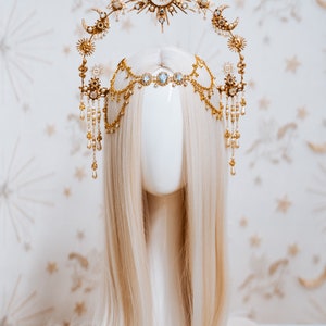 Gold sun crown, Moon crown, Halo Headpiece, Bridal Jewellery, Wedding hair accessories, Bridal headpiece, Wedding crown, Fairy crown image 4