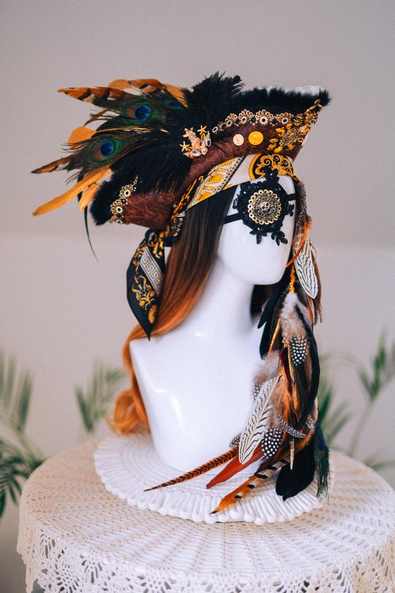 Pirate Tricorn Feather Hat Gothic Skull Costume Headpiece
