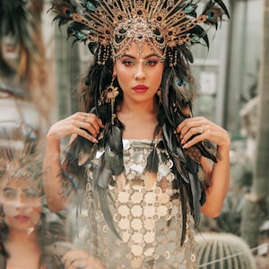 Peacock Feather Crown Gold Filigree Black Headdress Statement Headpiece image 2