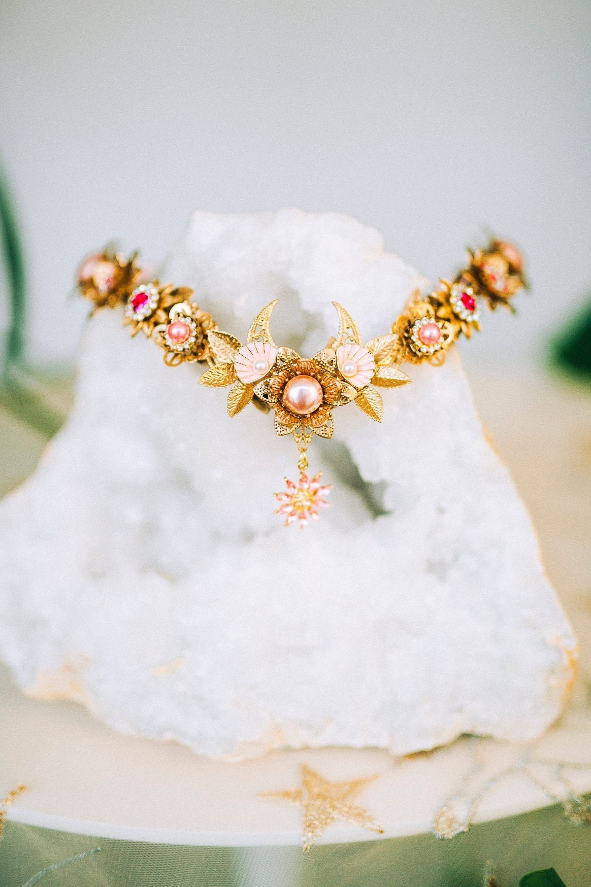 Celestial Pink Moon Goddess Tiara Floral Pearl Crown Bridal 
