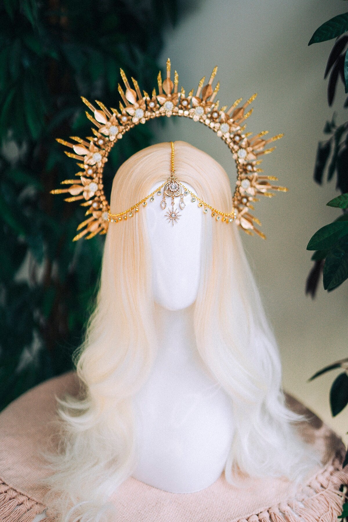 Gold Bridal Halo and Ivory Wedding Veil - Statement Gold Bridal Crown with Dramatic Veil - Bohemian Bridal Veil and Headpiece - Agnes Hart