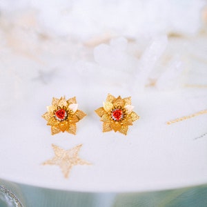 Flower earrings Festival earrings Gold earrings Summer earrings Flower jewellery Wedding accessories Red earrings Bridal earrings Boho zdjęcie 5