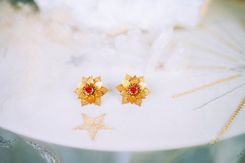 Flower earrings Festival earrings Gold earrings Summer earrings Flower jewellery Wedding accessories Red earrings Bridal earrings Boho zdjęcie 5