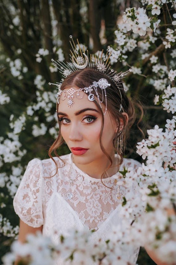 Celestial Halo Crown: Silver Moon Star Bridal Headpiece, Fantasy Wedding Headband