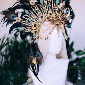 Peacock Feather Crown Gold Filigree Black Headdress Statement Headpiece image 12
