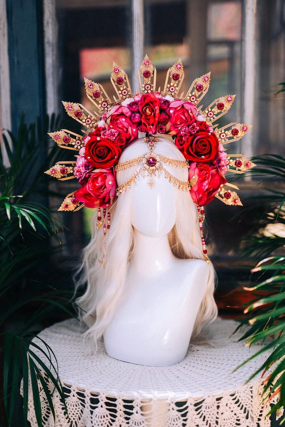 NWT Flowers Halo Crown For Festival, Special Occasions or Wedding, Handcrafted Red Rose Gold Halo Crown Bridal Photoshoot Wedding Maternity  main image 4