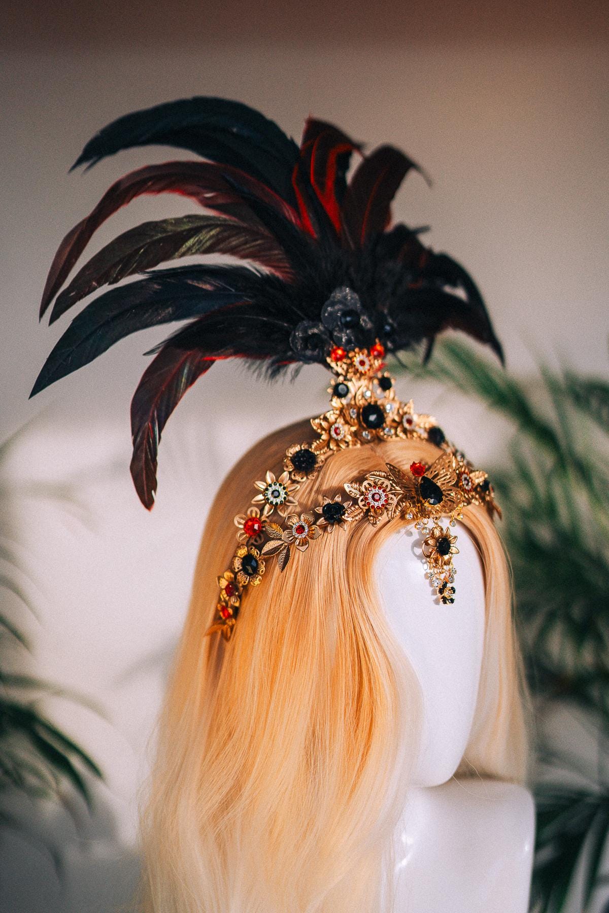 Black Red Goddess Feather Crown Crystal Embellished Luxury 