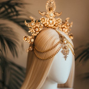 Goldene Sonnenkrone, Mondkrone, Halo Krone, Halo Kopfschmuck, Braut Kopfschmuck, Hochzeitskrone, Brautkrone, Feenkrone, Celestial Schmuck Bild 7