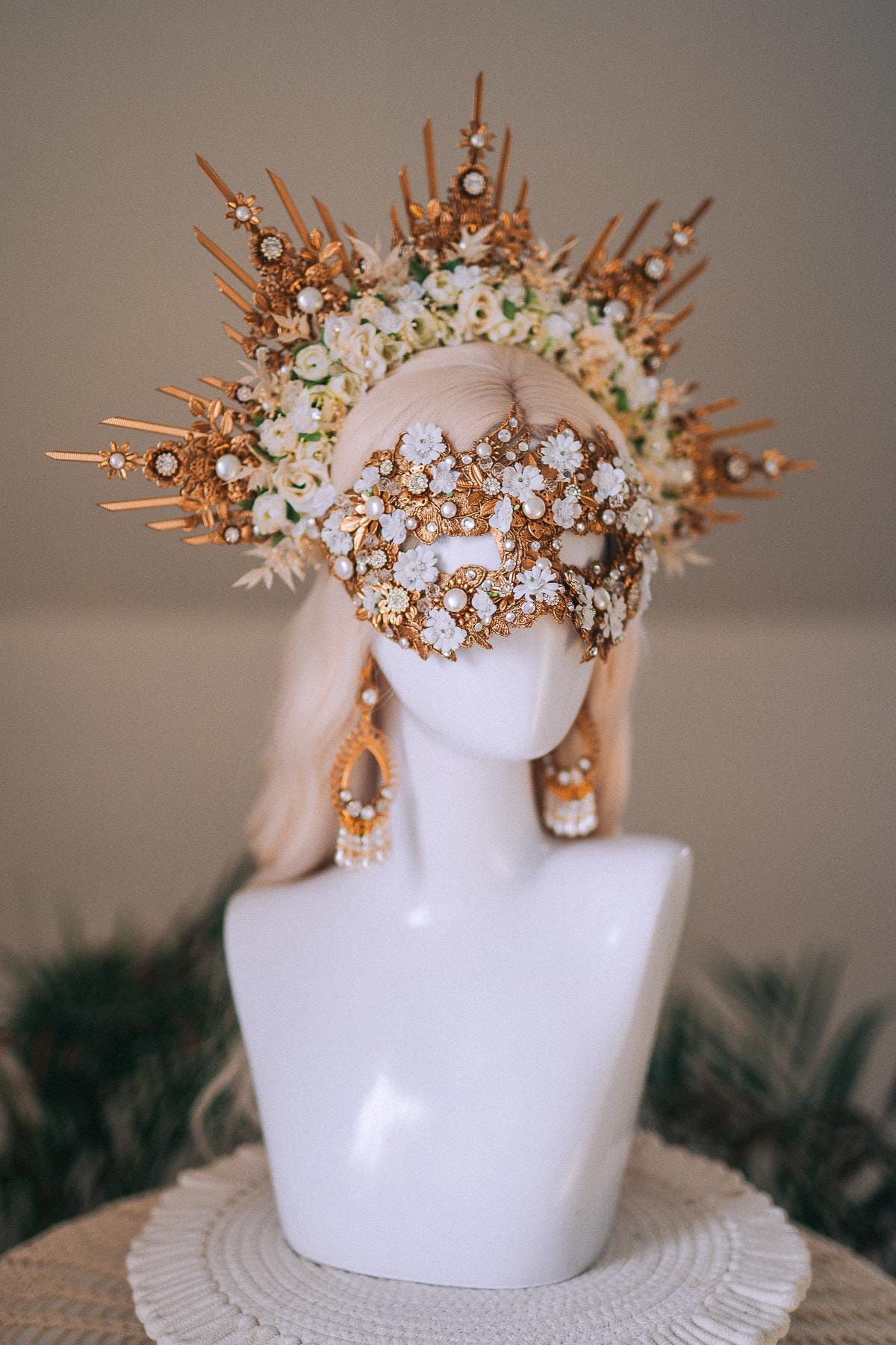 Golden Floral Goddess Masquerade Mask Pearl Crown Inspired