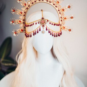 Gold halo crown, Dandelion flower crown, Flower crown, Gold crown, Wedding headpiece, Bridal crown, Burning man, Festival headband Red