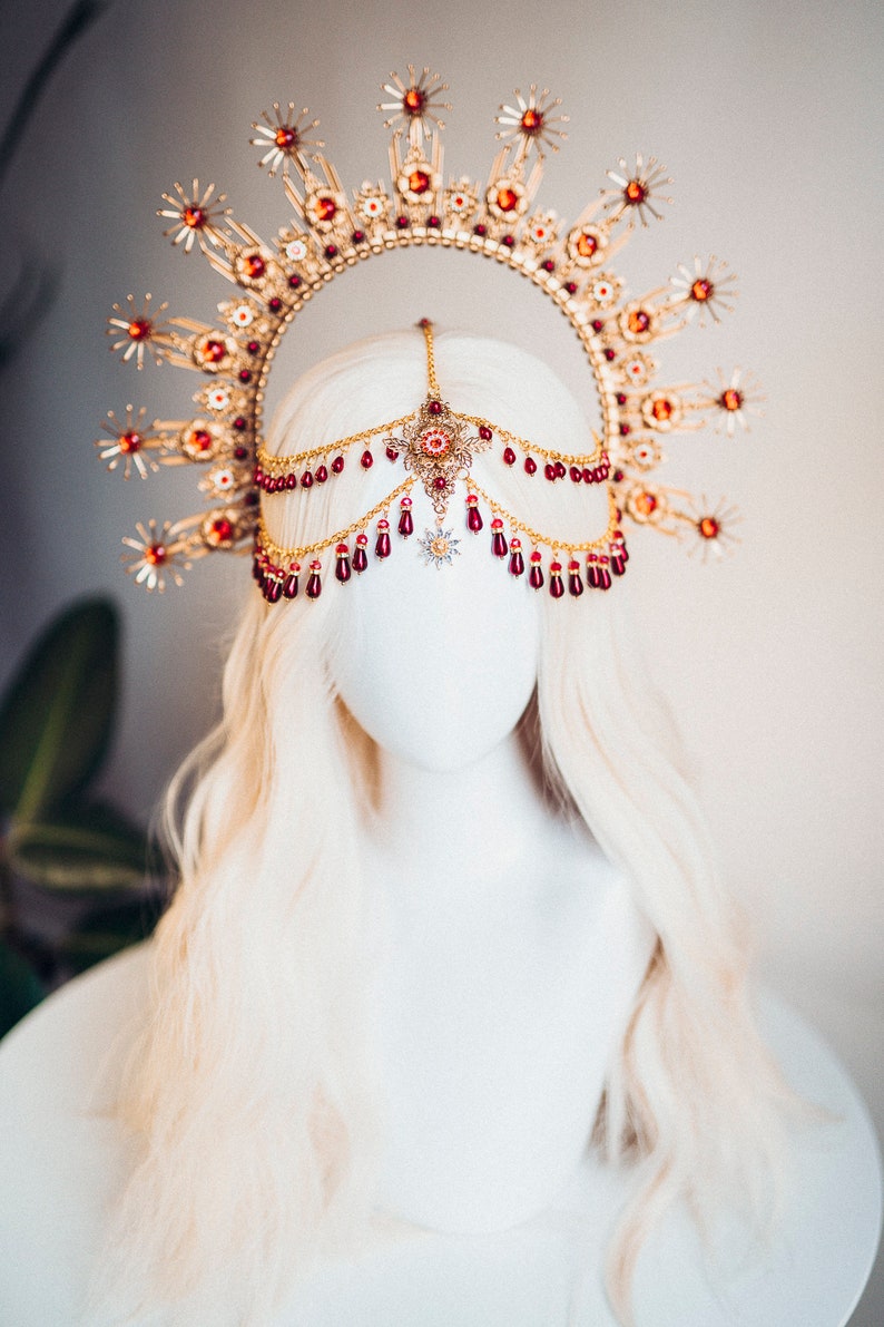 Gold halo crown, Dandelion flower crown, Flower crown, Gold crown, Wedding headpiece, Bridal crown, Burning man, Festival headband Red