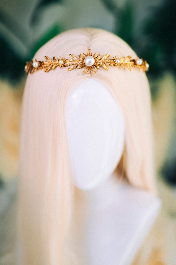 Golden Pearl Leaf Tiara Bridal Crown Goddess Headpiece - Etsy display picture 3