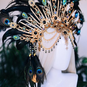 Peacock Feather Crown Gold Filigree Black Headdress Statement Headpiece image 10