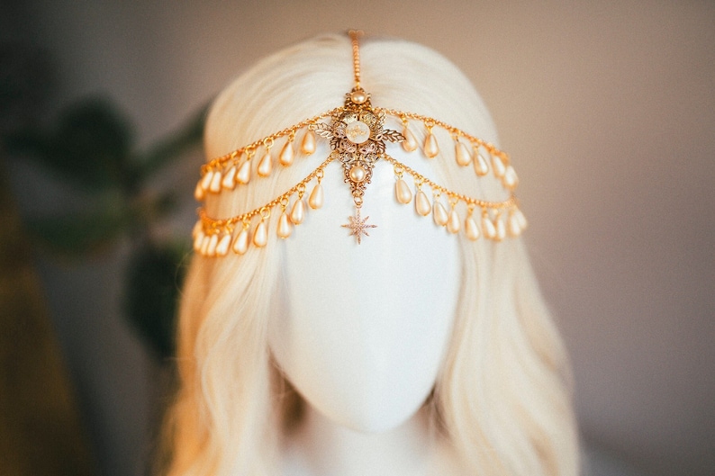 Bijoux célestes, bandeau de chaîne, casque de festival, couronne de perles, couronne de mariage, casque de mariée, couronne de mariée, accessoires pour cheveux, Boho image 1