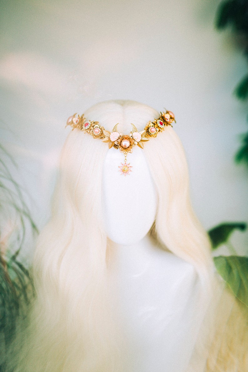 Elven Crown Moon Child Celestial Gold Tiara Festival Headpiece Fairy Crown Flower Crown Wedding Tiara Boho bride Flower Headband Boho Style image 4