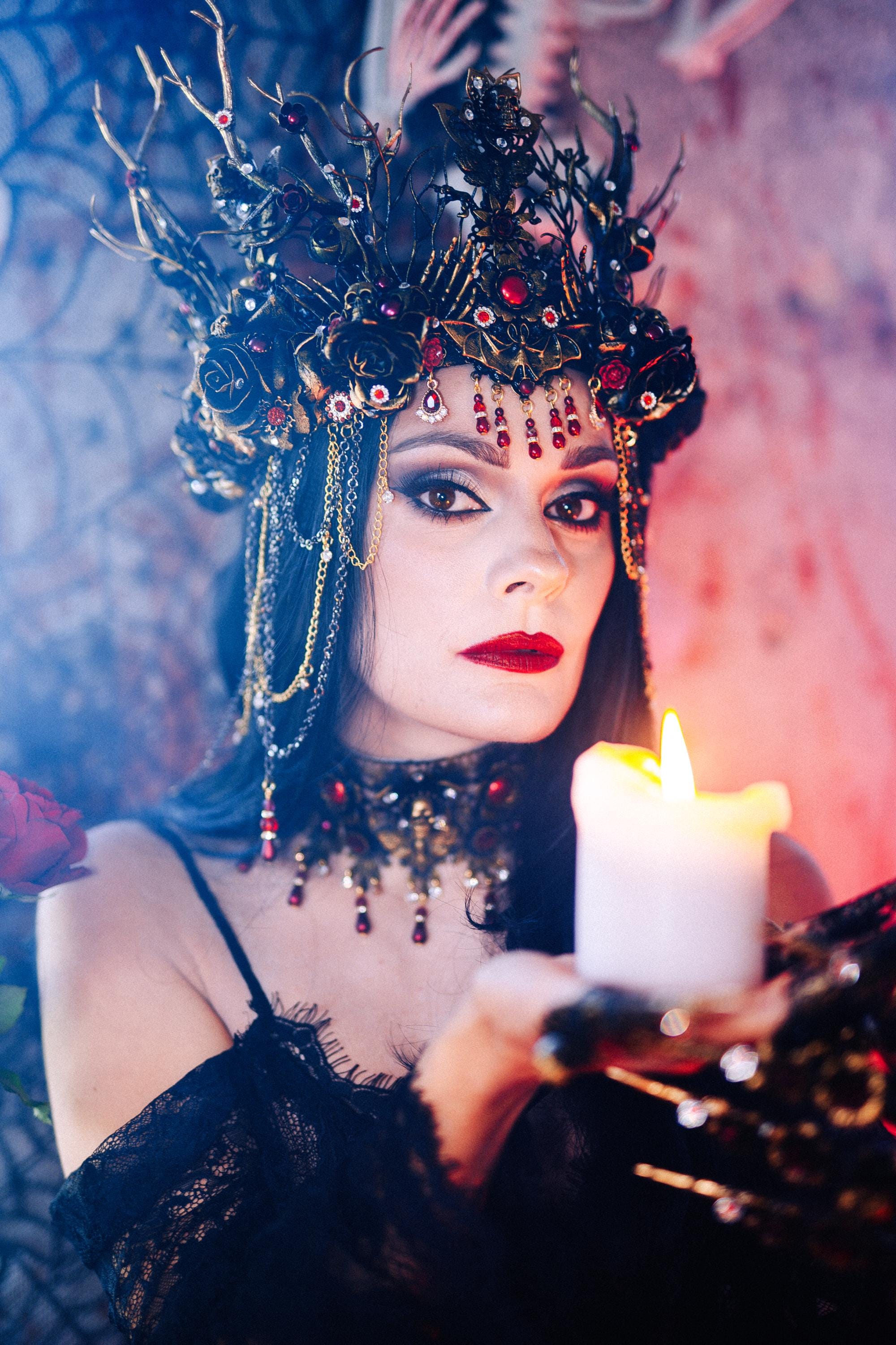 Gothic Morticia Addams Choker Black Red Gold Necklace Dark Queen 