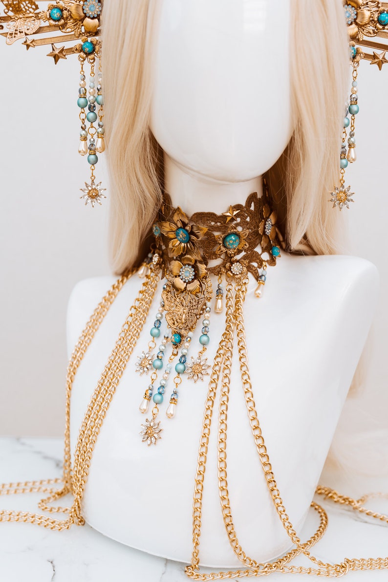 Sky Blue Choker necklace, Gold Choker necklace, Chain Choker necklace, Glamour Choker, Party, Lace necklace, Body Decoration, Photo props image 7