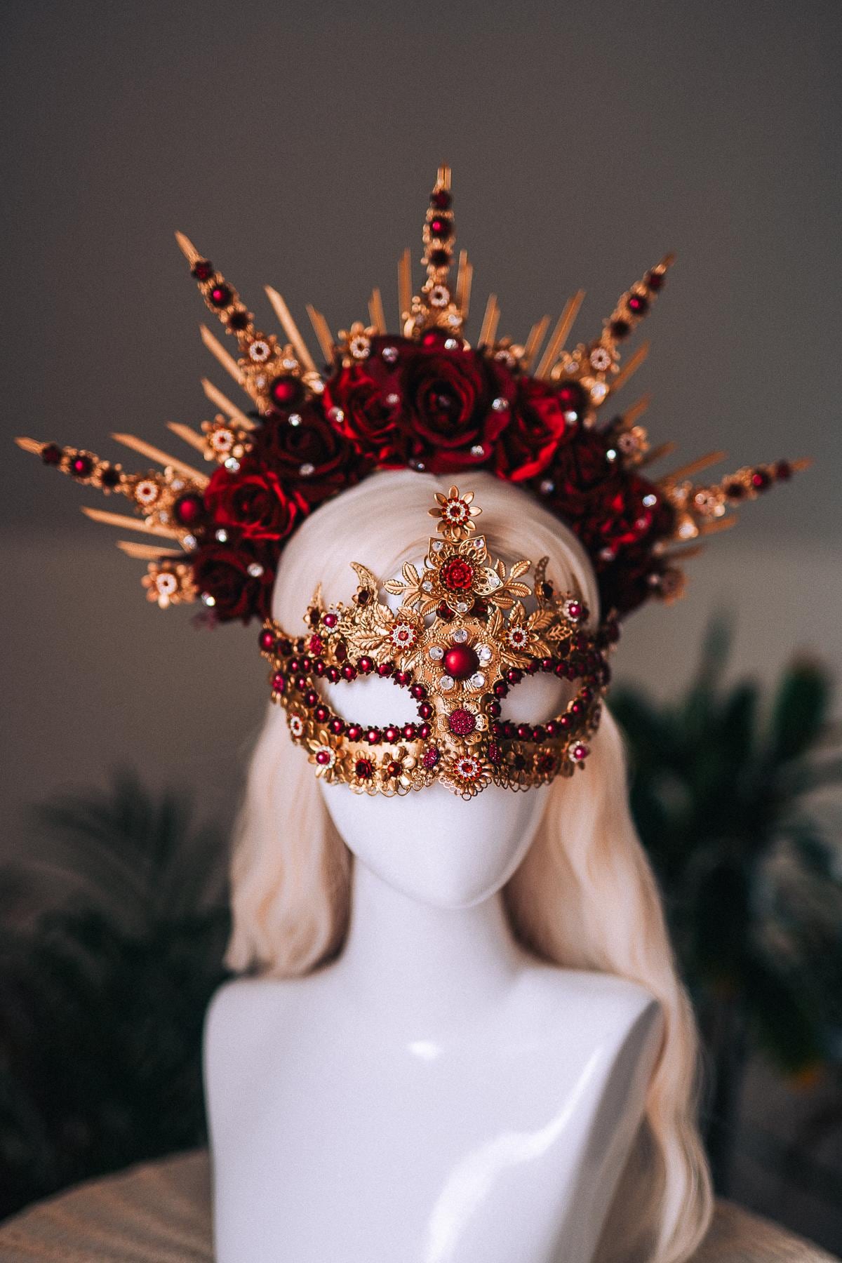 Wine Red Gold Goddess Halo Crown Crystal Embellished Floral 