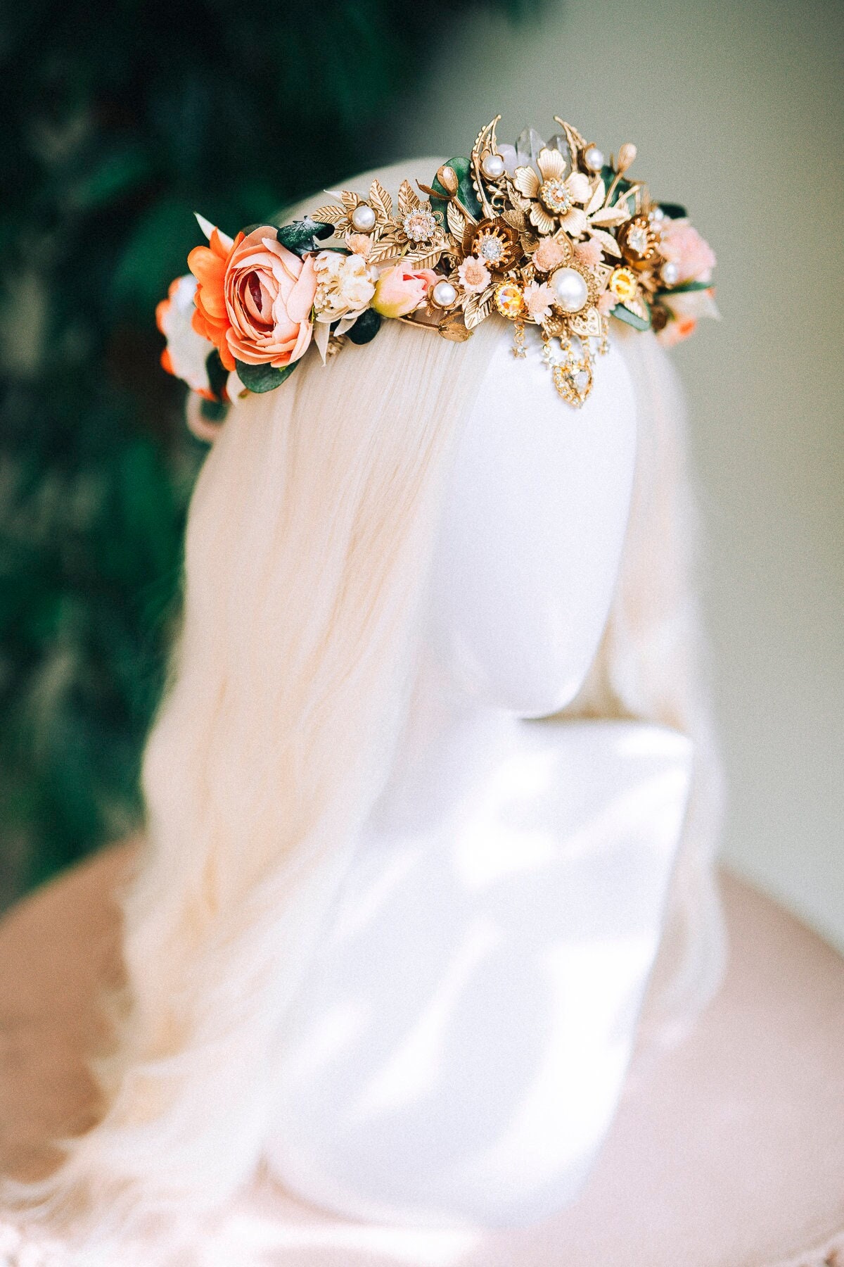 Gilded floral crystal bridal crown, flower crown, wedding headpiece bridal piece Golden Moon Bridal Crown Celestial Goddess Tiara White  main image 3