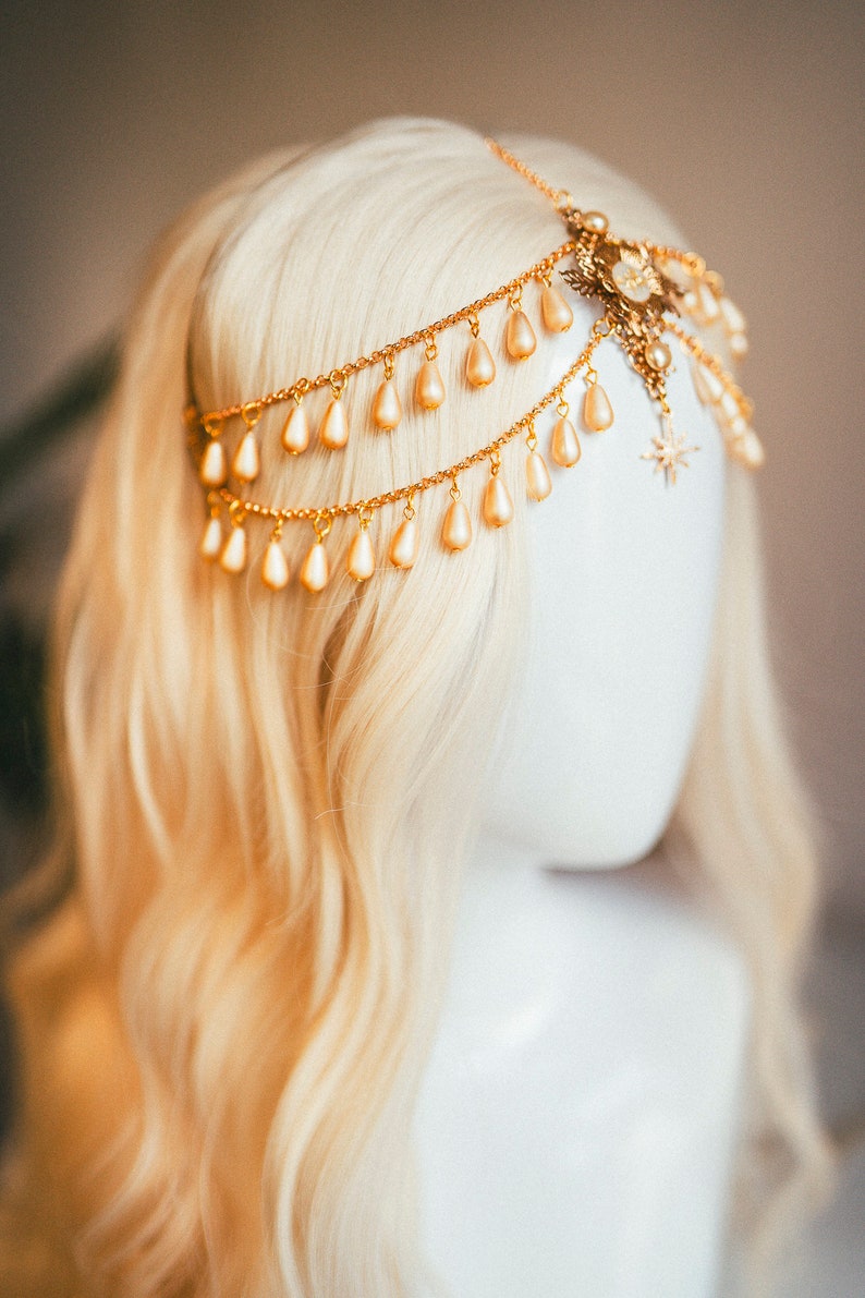 Bijoux célestes, bandeau de chaîne, casque de festival, couronne de perles, couronne de mariage, casque de mariée, couronne de mariée, accessoires pour cheveux, Boho image 2