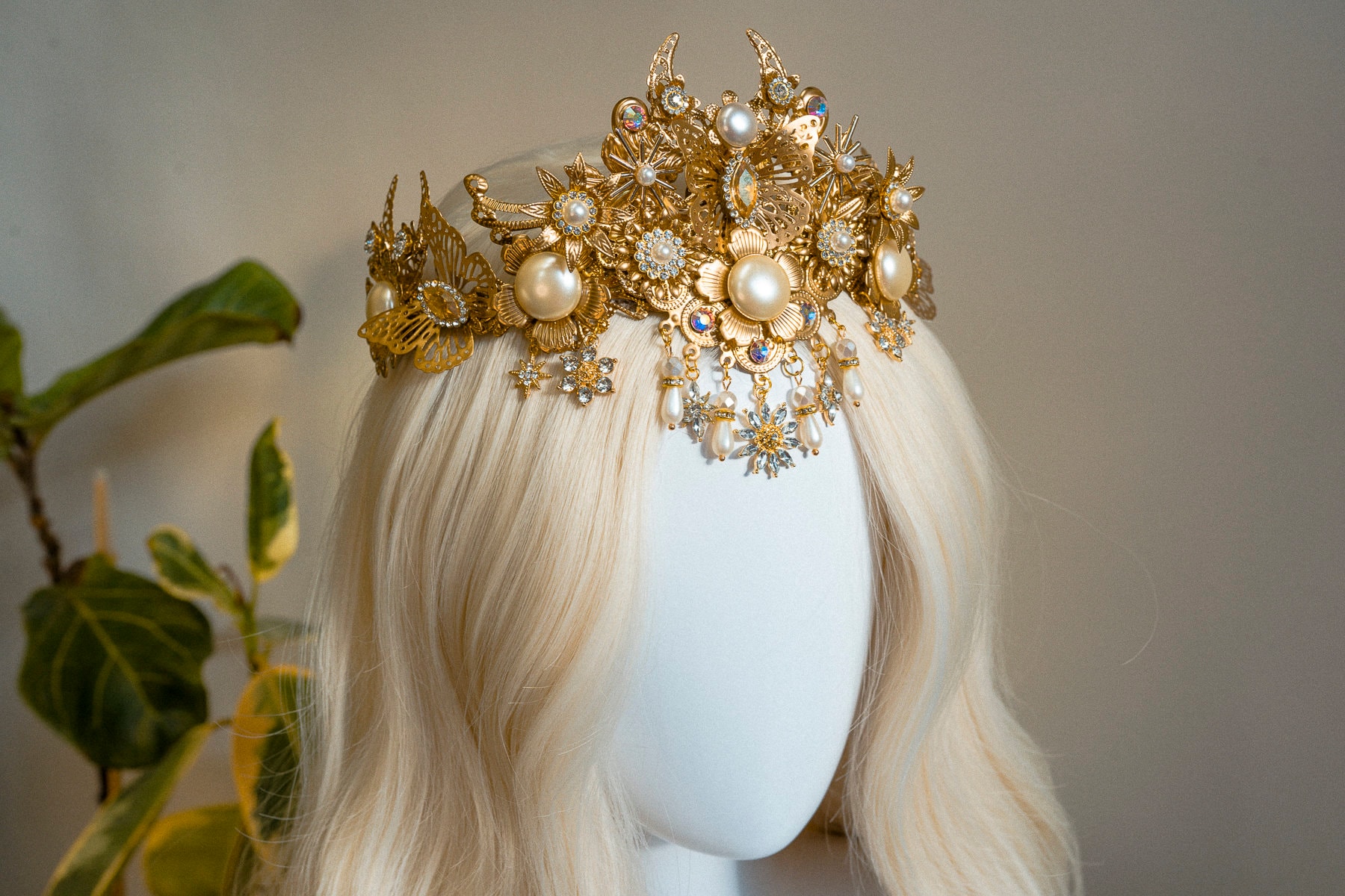 Celestial Pearl Crown, Gold Moon Tiara, Regal Bridal