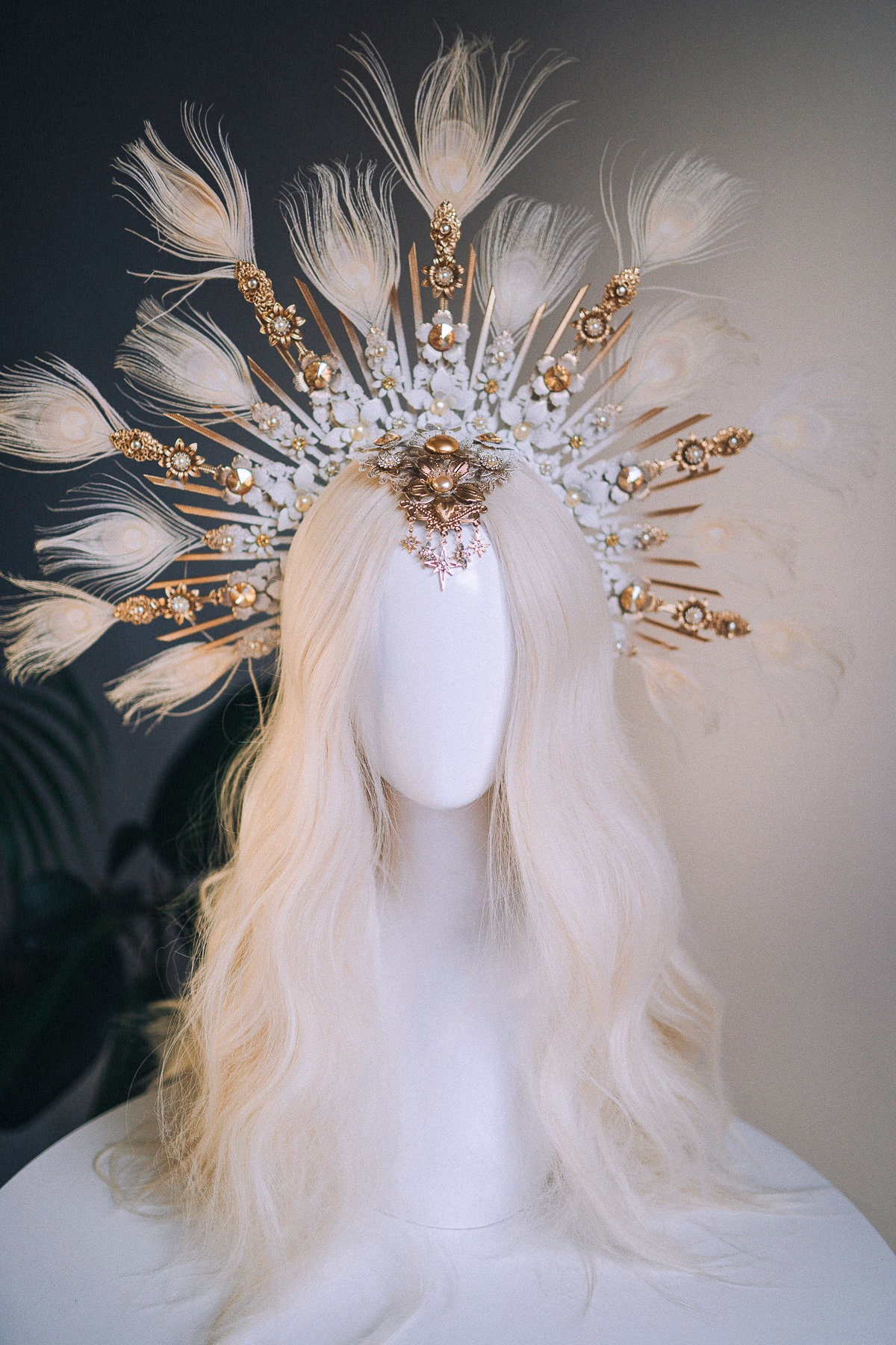 Celestial White Halo Crown, Bridal Headpiece, Goddess Tiara  display picture 2
