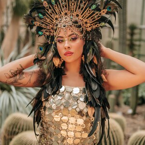 Peacock Feather Crown Gold Filigree Black Headdress Statement Headpiece image 3