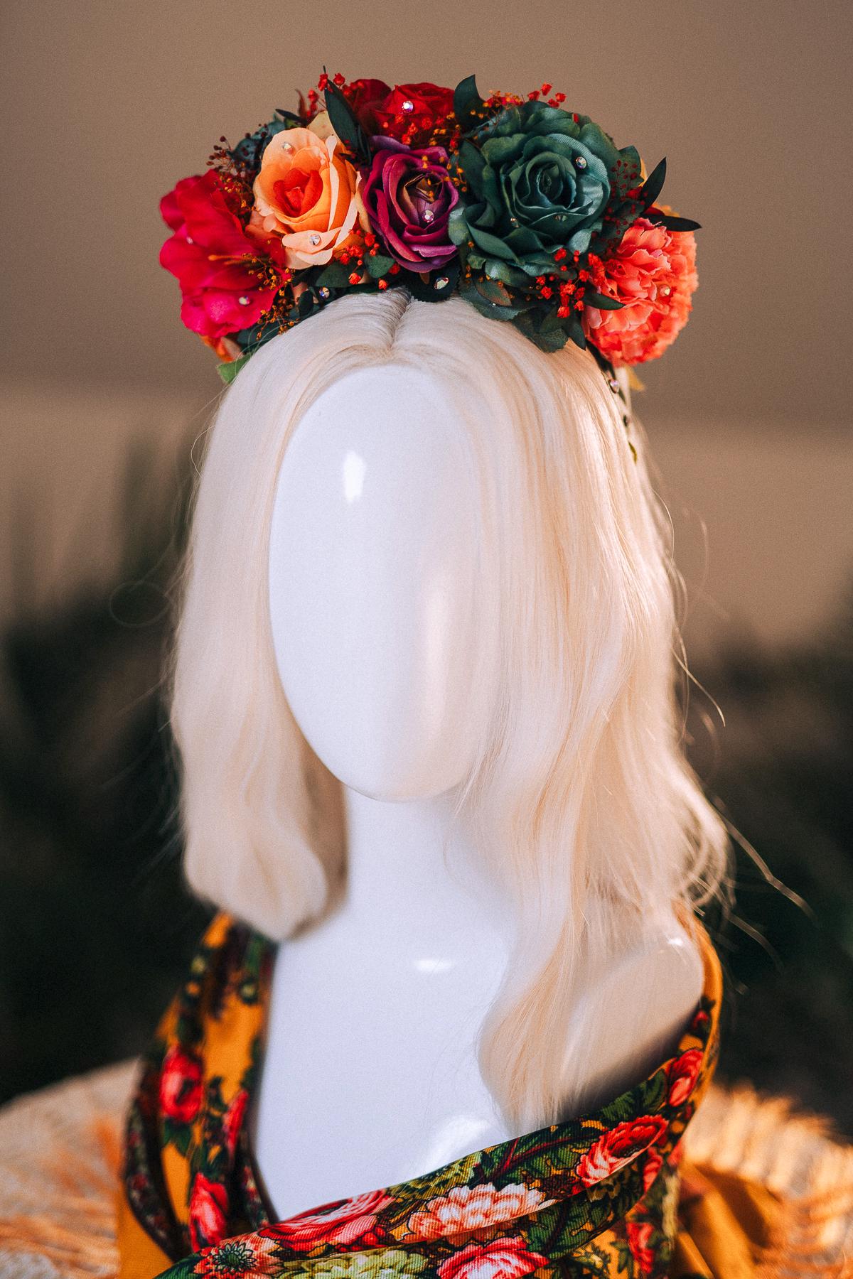 COLORFUL Frida K DAY OF DEAD FLOWER CROWN HEADBAND Fuchsia Dahlia Flower Crown – Frida Inspired Headband  main image 4