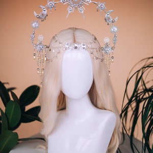 Gold sun crown, Moon crown, Halo Headpiece, Bridal Jewellery, Wedding hair accessories, Bridal headpiece, Wedding crown, Fairy crown Silver