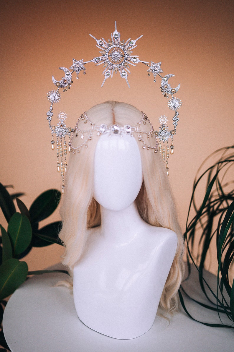 Gold sun crown, Moon crown, Halo Headpiece, Bridal Jewellery, Wedding hair accessories, Bridal headpiece, Wedding crown, Fairy crown Silver