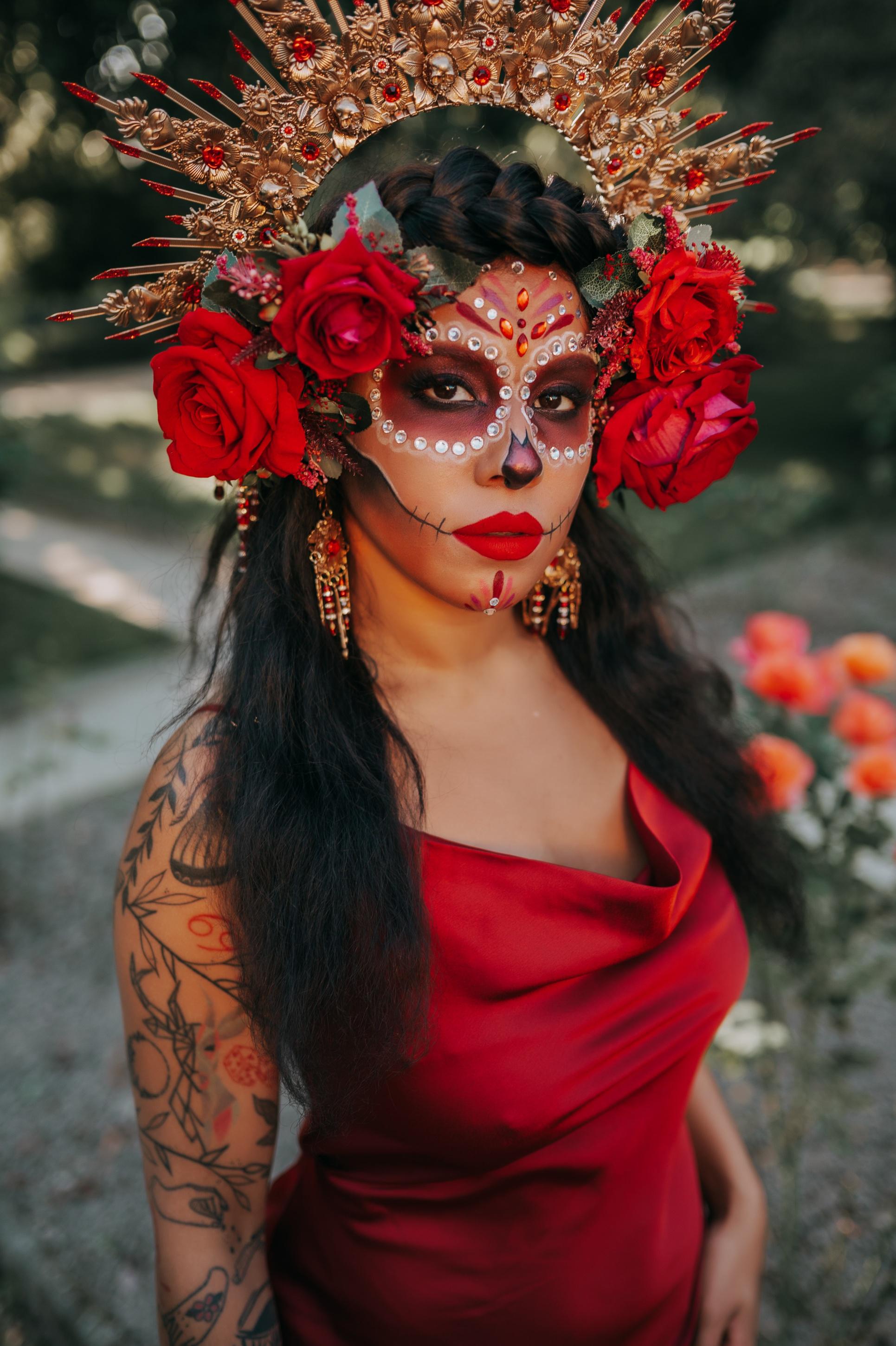 La Catrina Crown: Red Roses, Gold Halo, Gothic Dia De 