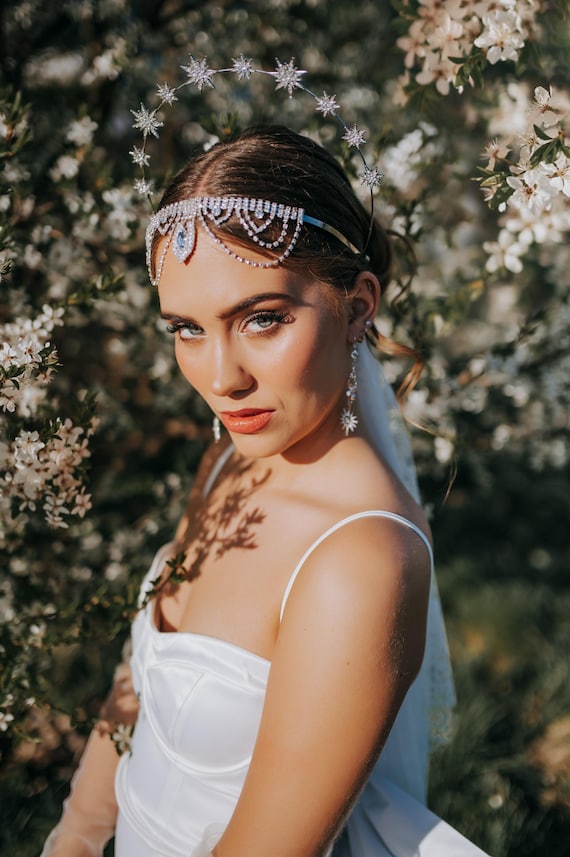 Silver Celestial Halo Crown Star Bridal Headpiece Crystal 
