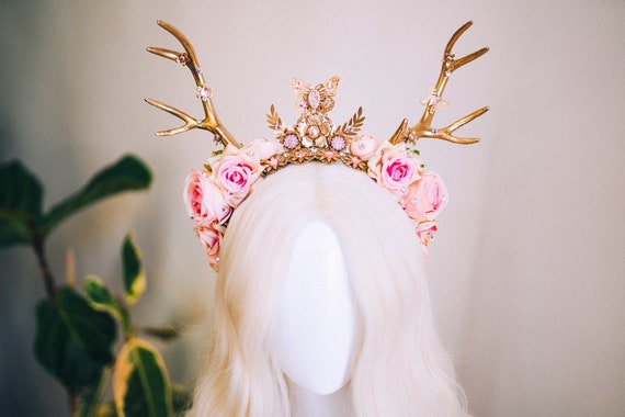 Woodland Floral Reindeer Headpiece Gold Pink for Cosplay Party Festival Amazon.com : MOSTORY Handmade Gold Flower Antler Headband  main image 4