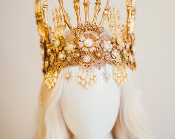 ゴールドスケルトンクラウン、ゴシックハロウィンティアラ、ボーン