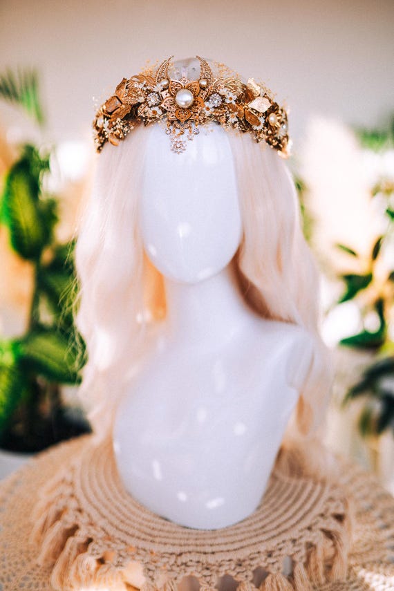 Gold Crown Headpiece with Pearl Accents Gold Pearl Bridal Crown: Rose Gold Wedding Headband  main image 3