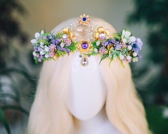 Lavender Flower Crown Flower Tiara Celestial Gold Wedding Headpiece Headband Fairy Eleven Flower Wedding Crown Boho Bride Crystal Crown