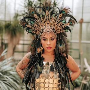 Peacock Feather Crown Gold Filigree Black Headdress Statement Headpiece image 6