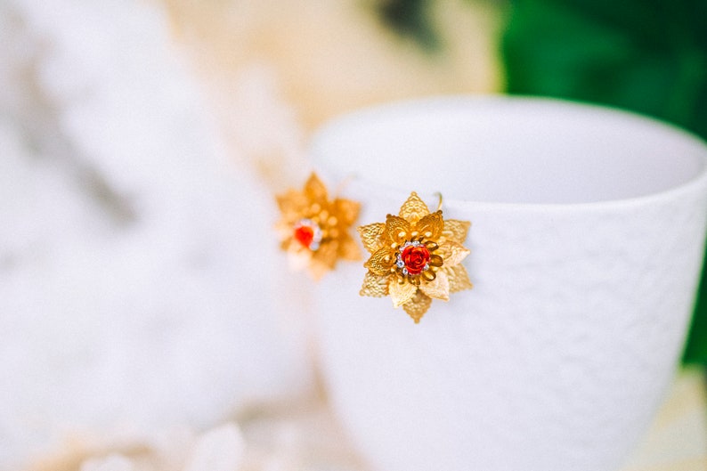 Flower earrings Festival earrings Gold earrings Summer earrings Flower jewellery Wedding accessories Red earrings Bridal earrings Boho zdjęcie 7