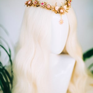 Elven Crown Moon Child Celestial Gold Tiara Festival Headpiece Fairy Crown Flower Crown Wedding Tiara Boho bride Flower Headband Boho Style image 10