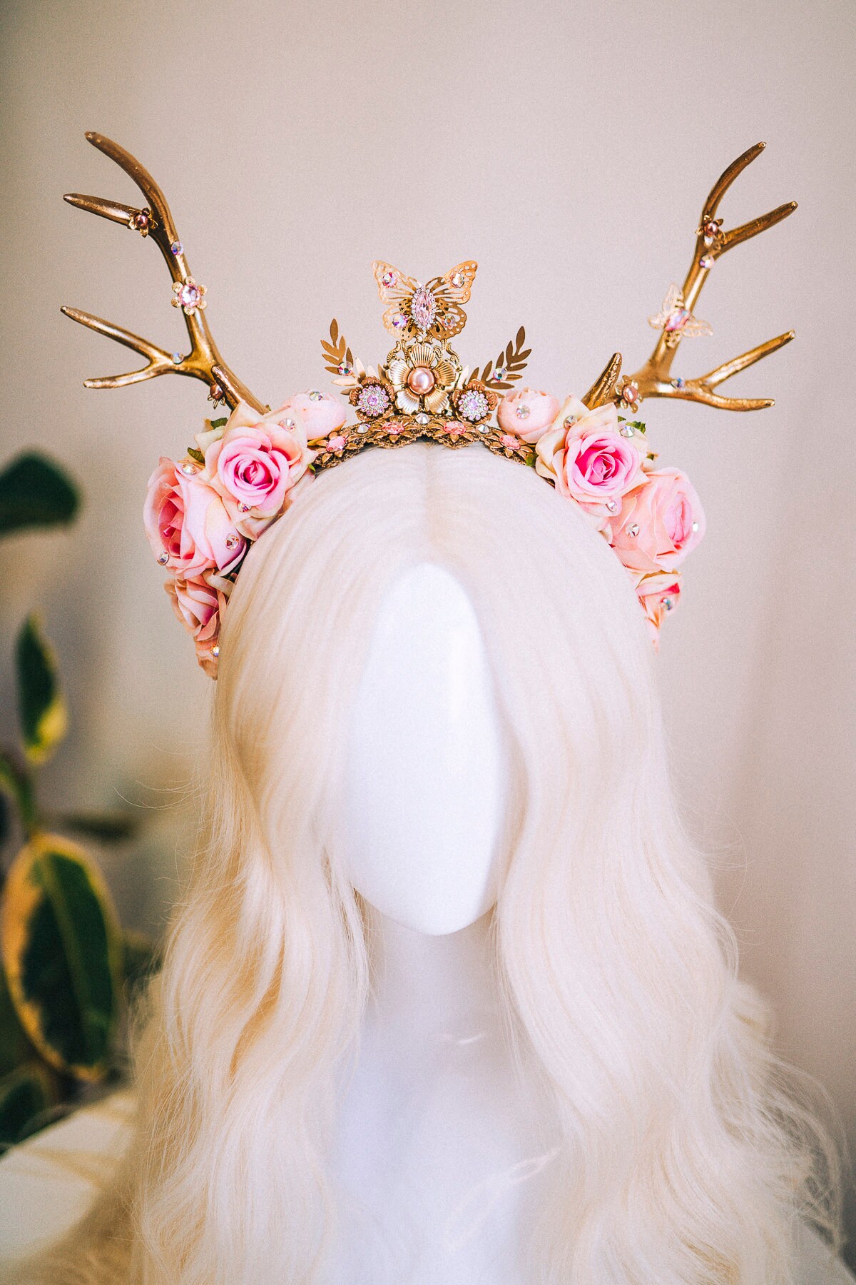 Gold Antler Flower Crown, Pink Floral Headband, Festival  display picture 3