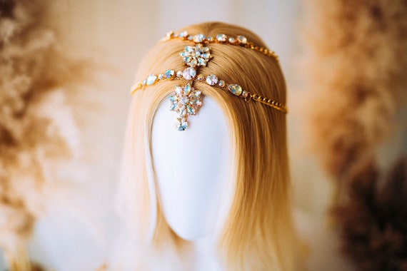 Rhinestone Chain Head Dress, Metal Head Chain, Gold Hair Chain Jewelry, Unique Fashion Wigs, Festival Head Piece, Silver Fashion Head Chain