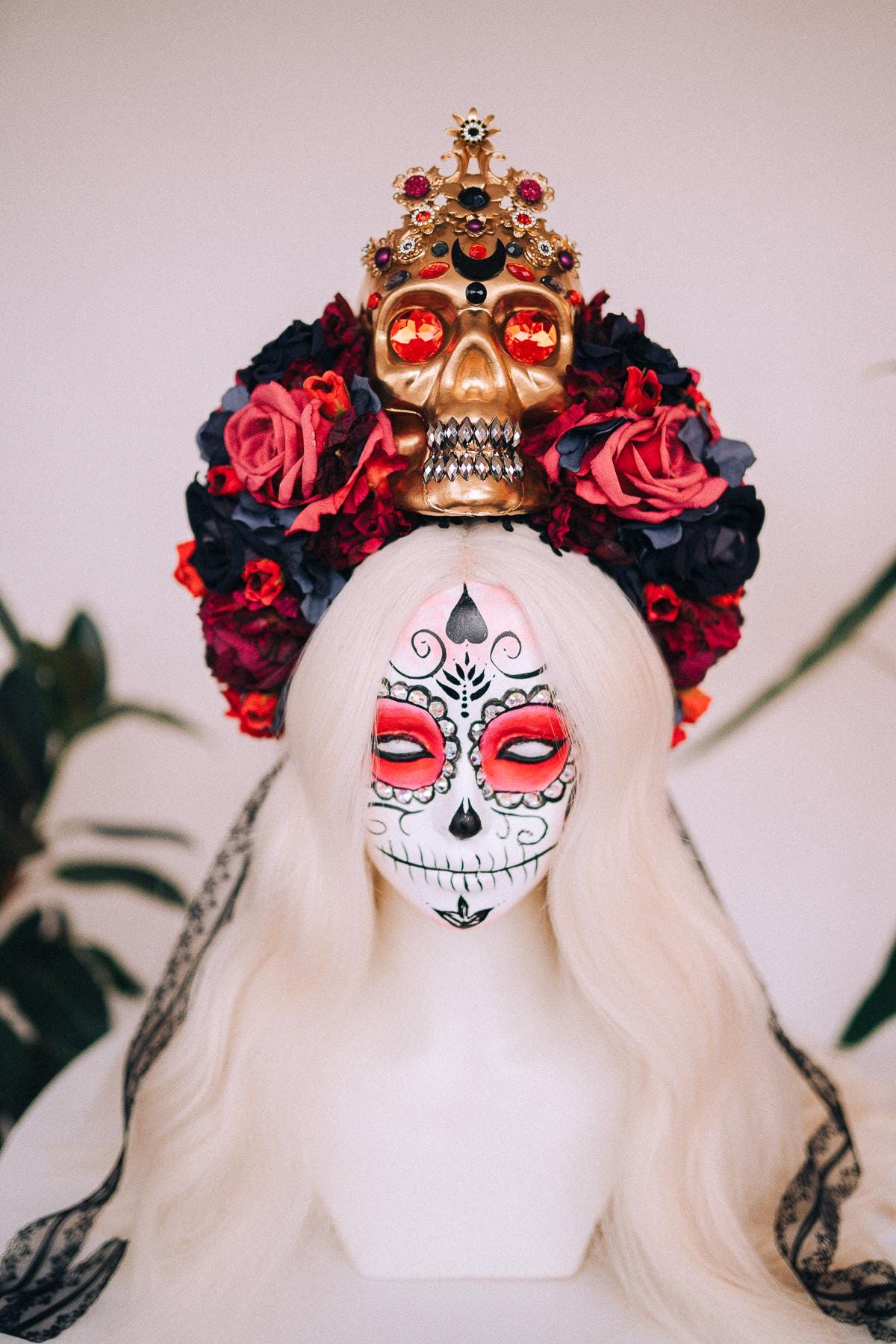 Serre-tête couronne de fleurs roses rouges catrina calavera coiffure CRR01 | eBay