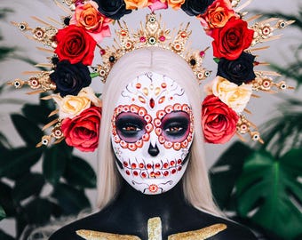 Couronne De Fleurs Dia De Los Muertos - Bandeau Halloween Fleuri Rose Mexicain Pour Costume Fête